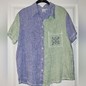 Vintage Linen Colorblock Shirt Size Small Blue‎ Green Made In USA